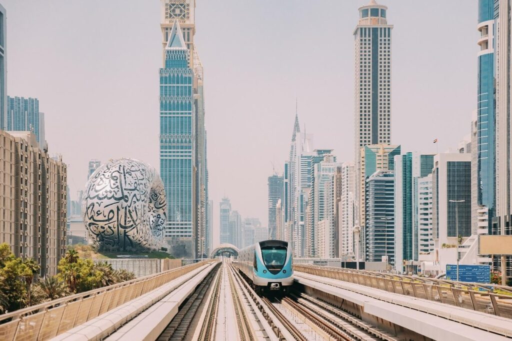 dubai metro red line coming on the platform at sheikh zayed road dubai
