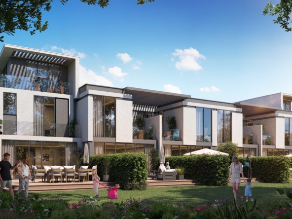 DAMAC Sun City villa exterior, showcasing modern architecture, spacious outdoor living, and landscaped garden.