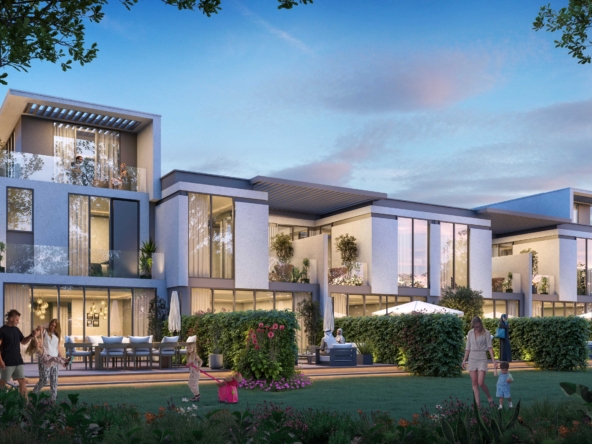 DAMAC Sun City villa exterior, showcasing modern architecture, spacious outdoor living, and landscaped garden.