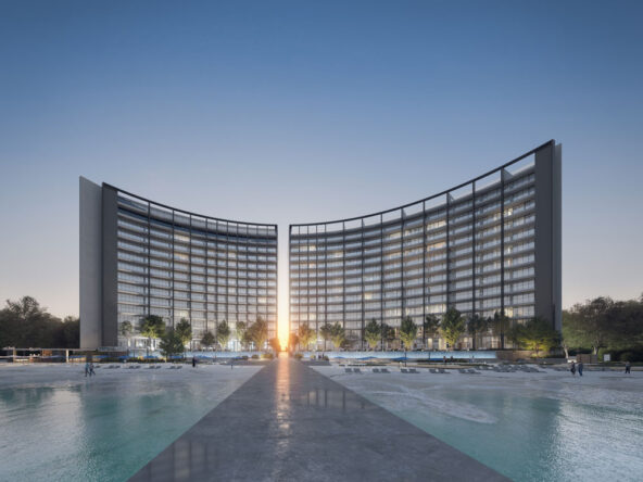 A digital rendering of the Anantara Sharjah Residences, a luxury high-rise development with a curved glass