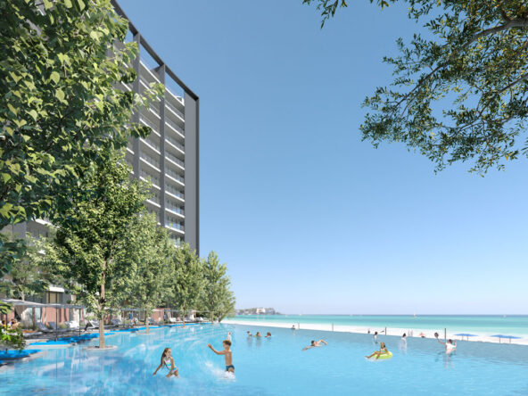 Anantara Sharjah Residences, a beachfront high-rise development. people are swimming in the swimming pool