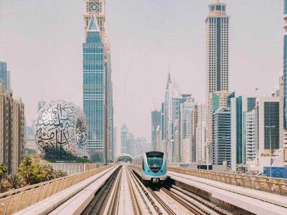 dubai metro red line coming on the platform at sheikh zayed road dubai