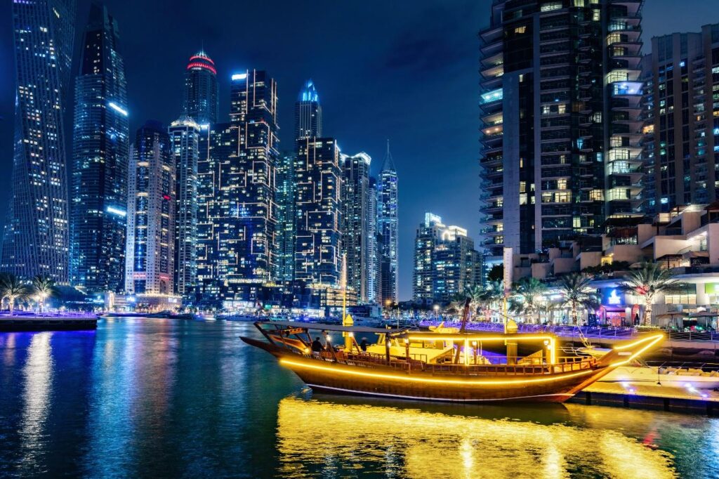 dubai-night-view-beach-showing-boat