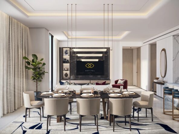 A modern and luxurious living and dining room with a sleek design. The space features a large dining table with beige chairs, a cozy living area with a red sofa, and a stylish bar counter with high stools