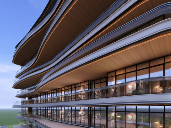 Sofitel Residences Dubai's architectural rendering of a high-rise building with a curved facade. The building features multiple balconies with glass railings and wood-paneled ceilings.