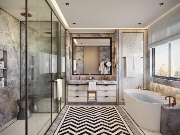 A modern and luxurious bathroom with a freestanding bathtub, a double sink vanity, and a glass-enclosed shower