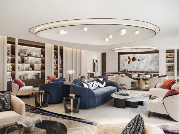 A modern and luxurious living Sofitel Residences Dubai and dining room with a sleek design. The space features a large dining table with beige chairs, a cozy living area with a red sofa, and a stylish bar counter with high stools