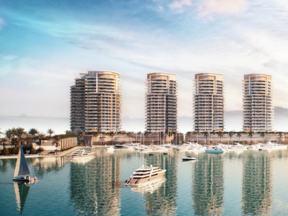 Waterfront apartment buildings in Al MArjan Island