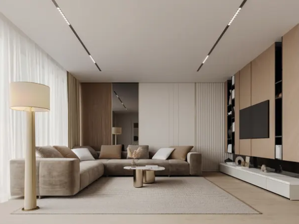 Modern minimalist living room interior design featuring a neutral color palette, comfortable sectional sofa, stylish floor lamp, and built-in entertainment unit with a T