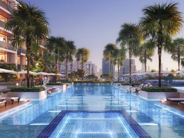 Aurora by Binghatti, developer - Luxurious rooftop pool and lounge area with stunning city views, palm trees, and sun loungers.