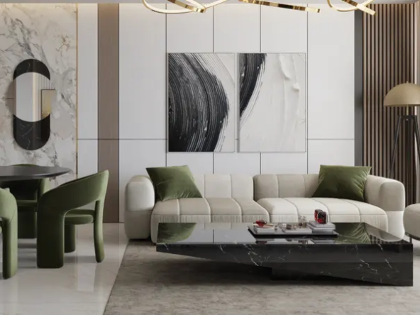 Modern living room interior with stylish furniture, marble coffee table, and contemporary artwork.