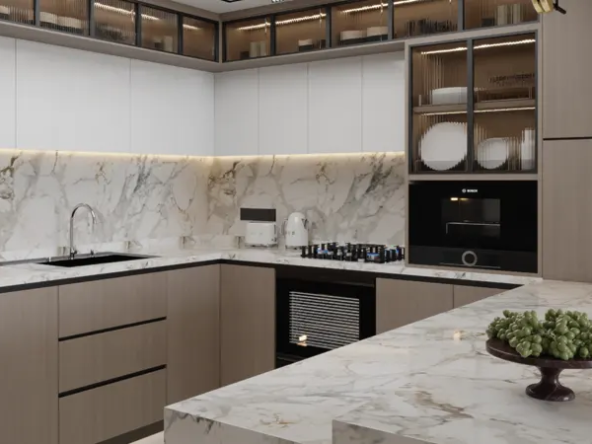 Samana Avenue Dubai: Modern kitchen design with marble countertops, sleek cabinetry, and high-end appliances.