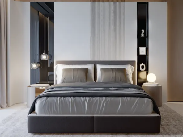 Samana Avenue Dubai: Luxurious modern bedroom with a king-size bed, bedside tables, and decorative wall paneling.