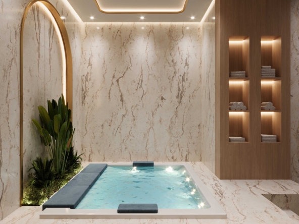 Luxurious Spa Bathroom with Hot Tub and Marble Walls