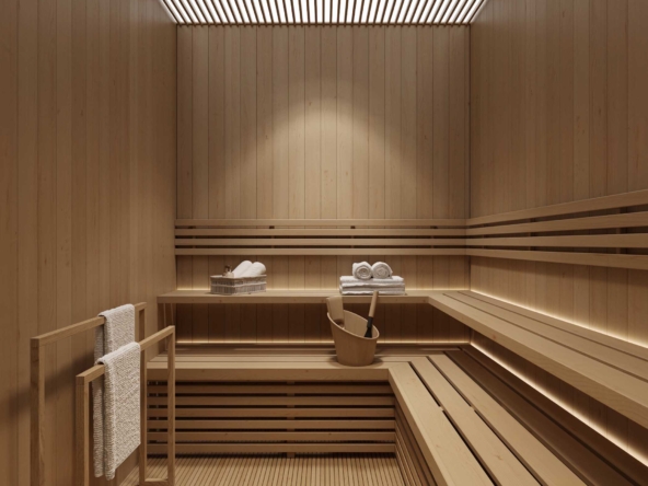 Modern Sauna with Wooden Walls and Slatted Ceiling