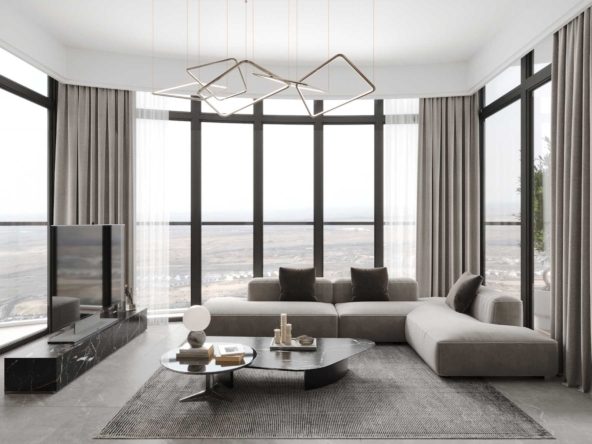 Modern Living Room with Floor-to-Ceiling Windows and City Views