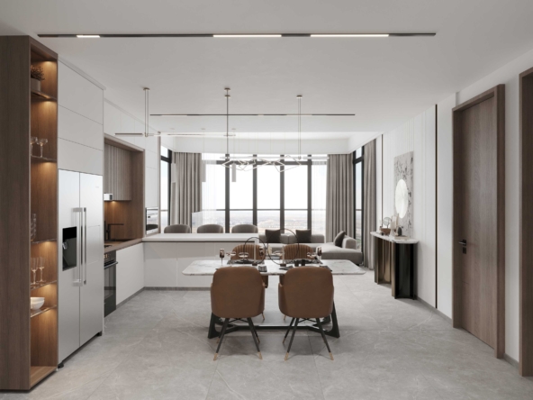 Modern Kitchen and Dining Room with White Cabinets and Wooden Accents