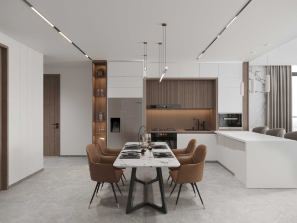 Modern Kitchen and Dining Room with White Cabinets and Wooden Accents