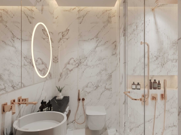 Modern Bathroom with Marble Walls and Gold Fixtures