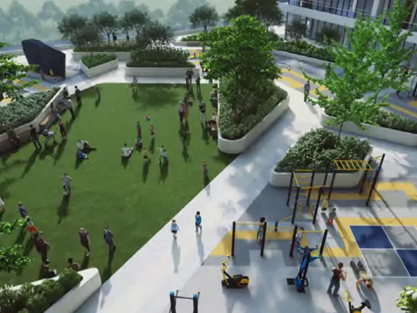 Sobha One, Dubai: Lush green outdoor space with a playground, outdoor fitness equipment, and a ping pong table.