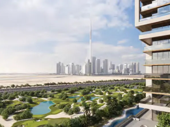 Sobha One, Dubai - Stunning aerial view of luxury apartments with Burj Khalifa skyline, golf course, and water features