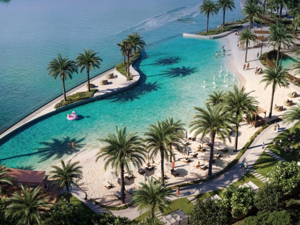 Stunning beach club and pool area at Address Residences Dubai Creek Harbour, featuring palm trees, white sand, and crystal-clear water.