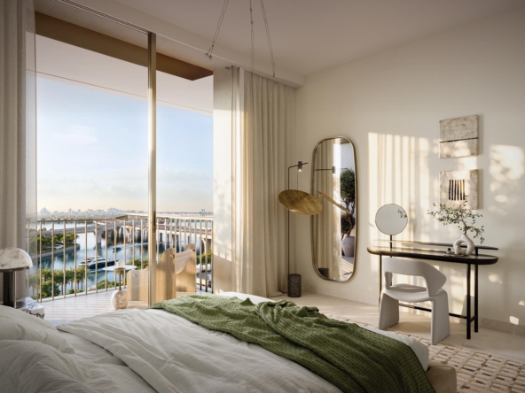 Luxurious waterfront bedroom with panoramic city views at Address Residences Creek Beach.