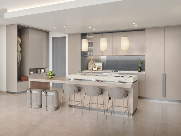 Open-plan kitchen and dining area with a breakfast bar in Arbor View apartment.