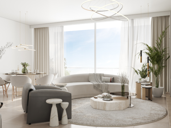 Modern living room interior in Arbor View, arjan apartments for sale, featuring a spacious layout, large windows with natural light, and a neutral color palette with accents of gold.