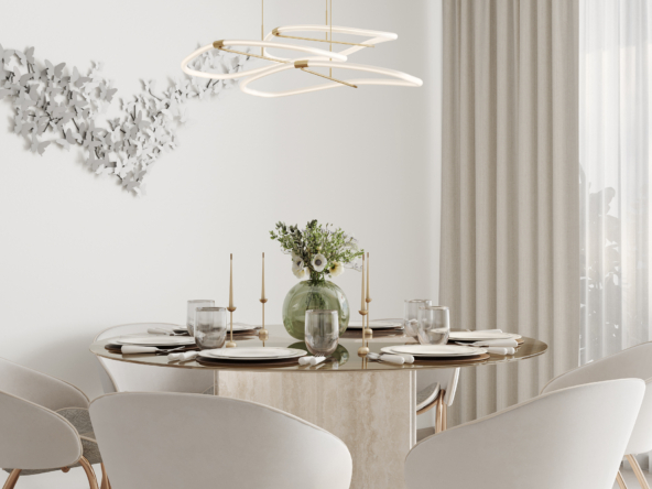 Modern dining room interior with white walls, round glass dining table, white chairs with gold accents, and a unique minimalist chandelier.