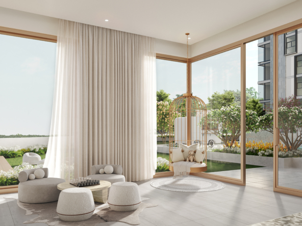 Spacious bedroom with floor-to-ceiling windows, overlooking a private terrace with lush greenery and outdoor seating.