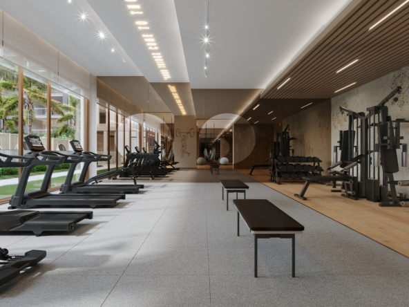 Modern and well-equipped gym in Arbor ellington, Dubai, featuring treadmills, weightlifting equipment, and yoga balls.