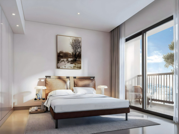 Bedroom in a premium apartment showcasing modern aesthetics, high-quality finishes, and breathtaking views.