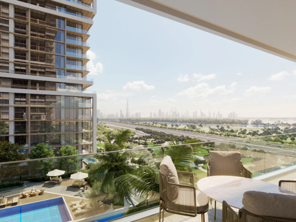 Sobha One, Dubai - Breathtaking balcony view showcasing the Burj Khalifa skyline, golf course, and resort-style pool amenities.