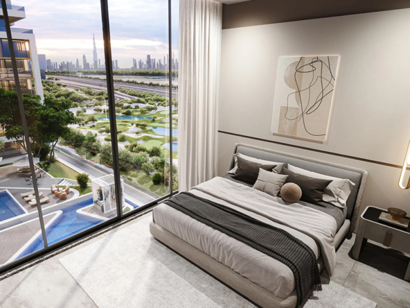 Luxurious bedroom interior featuring a king-sized bed, modern decor, and breathtaking views of the golf course and Burj Khalifa skyline. at MBR City near Ras Al Khor