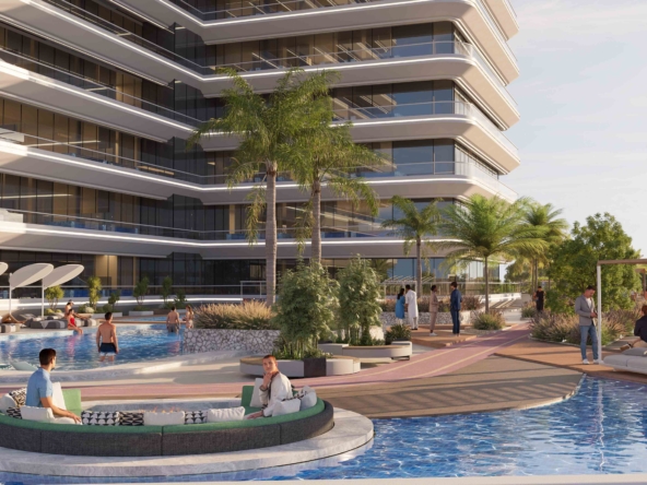 Modern luxury apartment building in Dubai, Samana IVY Gardens 2, featuring a contemporary design with large glass windows and surrounded by landscaped greenery and a swimming pool.