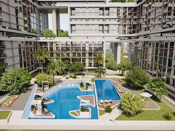 Sobha One, Dubai - Aerial view of the resort-style swimming pool surrounded by lush greenery and landscaped gardens.