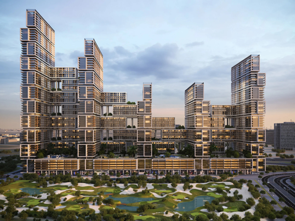 Sobha One, Dubai - Architectural rendering of the luxurious Sobha One development featuring interconnected towers, a golf course, and water features, offering modern living in a prime location.