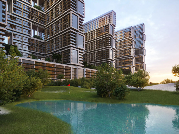 Sobha One Golf Ridges, Dubai - Luxurious residential towers overlooking a pristine golf course with a serene lagoon.