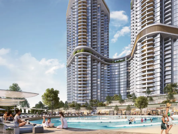 Modern residential towers in Sobha Hartland 2, offering luxury living with stunning waterfront views.