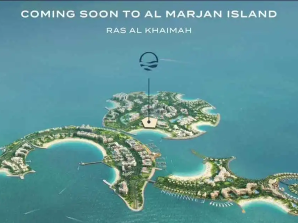 Aerial view of Al Marjan Island, Ras Al Khaimah, showcasing the upcoming development with a focus on the central island and surrounding waterfront.