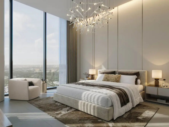 Spacious and luxurious bedroom with floor-to-ceiling windows offering panoramic city views.