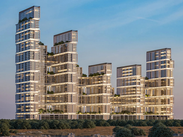 Architectural rendering of the luxurious Sobha One development featuring interconnected towers with modern design and lush green terraces.