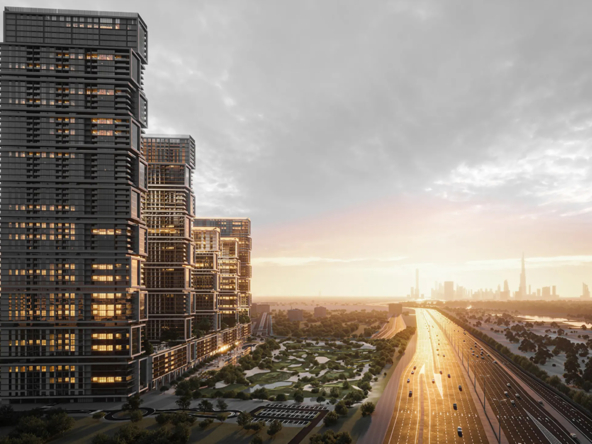 Aerial view of the luxurious Sobha One development featuring interconnected towers, a golf course, and a stunning Dubai skyline. from MBR City